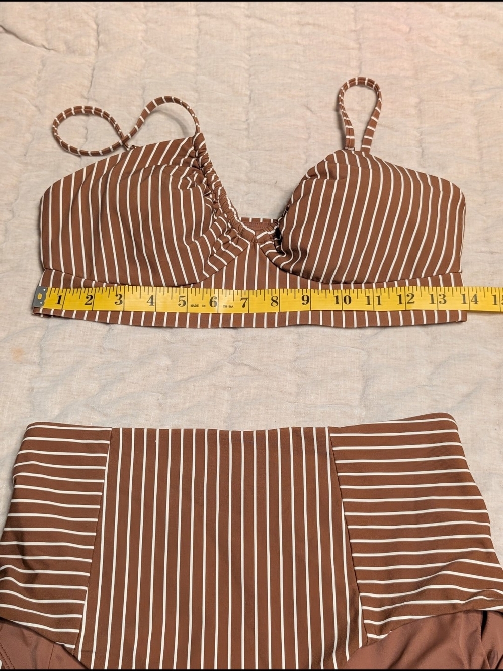 CALIA Brown & White Stripe High-Waisted Bikini Set, Sizes: Top M, Bottom S - Picture 4 of 7